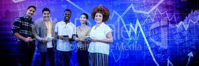 Composite image of portrait of smiling business people holding technology