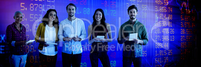 Composite image of portrait of confident business people holding tablet computers