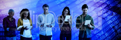 Composite image of business people using tablet against white background