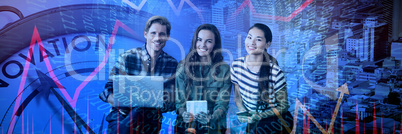 Composite image of portrait of smiling business people sitting on seat