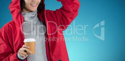 Composite image of woman in red jacket having coffee against white background