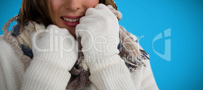 Composite image of close up portrait of smiling young woman in sweater
