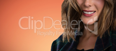 Composite image of close up portrait of young woman with brown hair