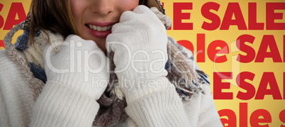 Composite image of close up portrait of smiling young woman in sweater