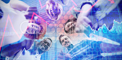 Composite image of low angle portrait of happy business people pointing