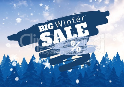 Winter Sale illustrated with firs and snowflakes in blue and white