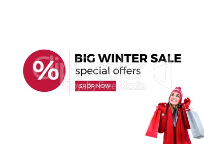 Winter Sale minimal style in red, black, white with picture of a woman