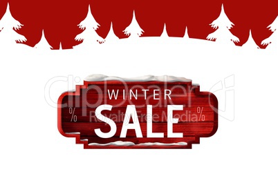 Winter Sale Text on red wood sign and white firs in background