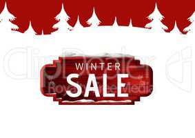 Winter Sale Text on red wood sign and white firs in background