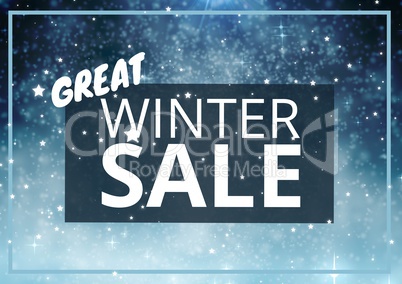 Winter Sale Text on blue rectangle and snowflakes in background