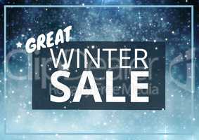 Winter Sale Text on blue rectangle and snowflakes in background