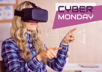 Cyber Monday Sale Woman in plaid shirt using Augmented Reality