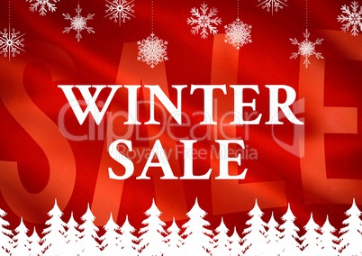 Winter Sale with red Sale in background besides textblock and white firs and snowflakes