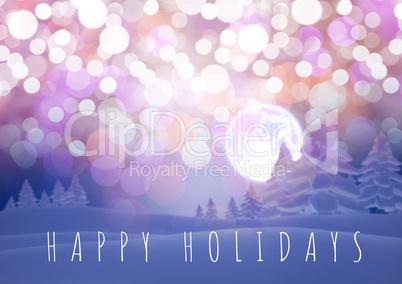 Happy holidays text with magical lights and Winter forest