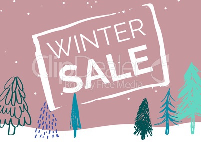Winter Sale Illustrated Style with green firs and light pink background