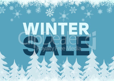 Winter Sale blue background and white firs, snowflakes