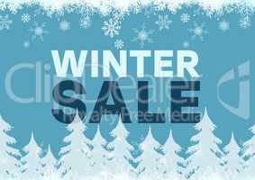 Winter Sale blue background and white firs, snowflakes