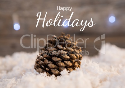 Happy holidays text with pine cone in snow