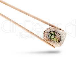 Sushi roll of california with chopsticks