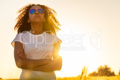 Mixed Race African American Girl Teen Sunglasses Sunset in Field