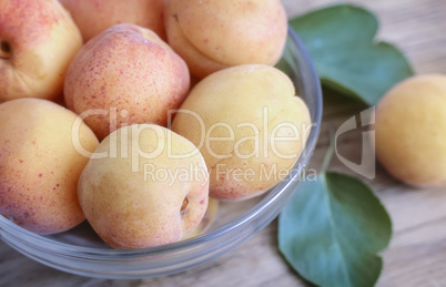Ripe apricots on the table in a glass vase.
