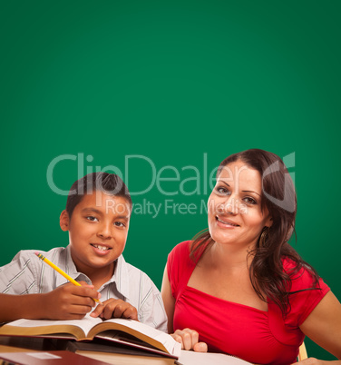 Blank Chalk Board Behind Hispanic Young Boy and Female Adult Tutor