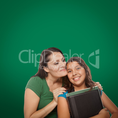 Blank Chalk Board Behind Proud Hispanic Mother and Daughter Student