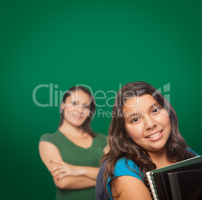 Blank Chalk Board Behind Proud Hispanic Mother and Daughter Student