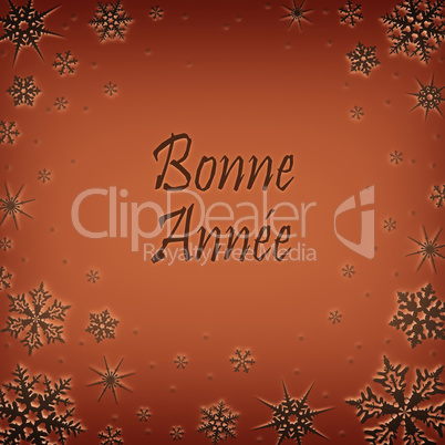 Christmas card with new year greetings in French, decorated with snowflakes. Bonne anne