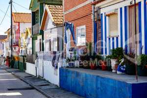 Colorful striped house facades in Portugal