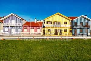 Colorful striped house facades in Portugal