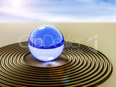 Glass ball in the sand, 3D illustration