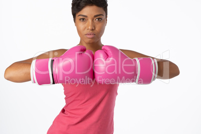 Woman for breast cancer awareness in boxing gloves