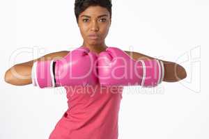Woman for breast cancer awareness in boxing gloves