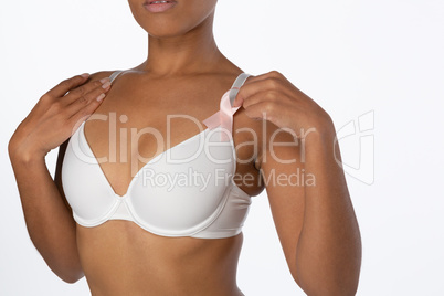 Woman for breast cancer awareness with pink ribbon Woman for breast cancer awareness with pink ribbon