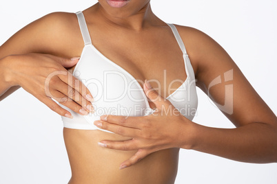 Woman for breast cancer awareness in white bra