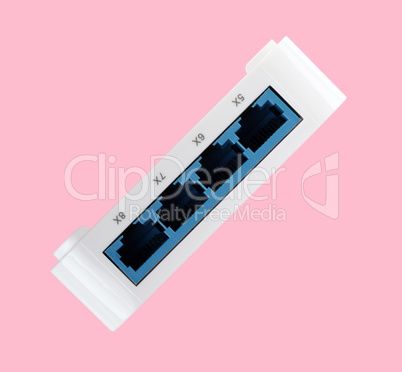 White 8 Port Plastic Ethernet Switch isolated on pink background