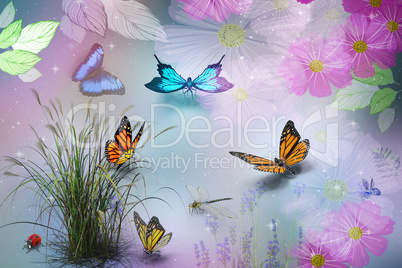 Abstract image: butterflies and flowers. 3D rendering.