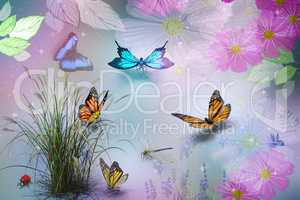 Abstract image: butterflies and flowers. 3D rendering.