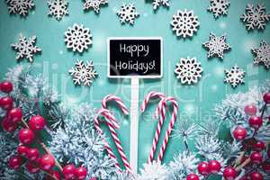 Black Christmas Sign,Lights, Frosty Look, Text Happy Holidays