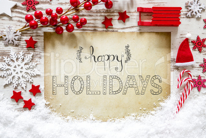 Red Christmas Decoration, Snow, Calligraphy Text Happy Holidays