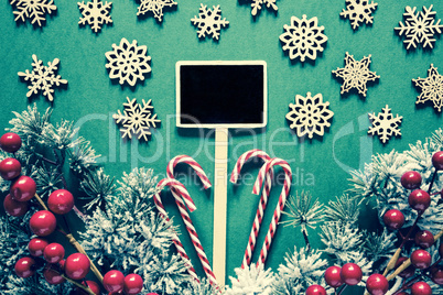 Black Sign With Christmas Decoration, Frosty, Retro Look
