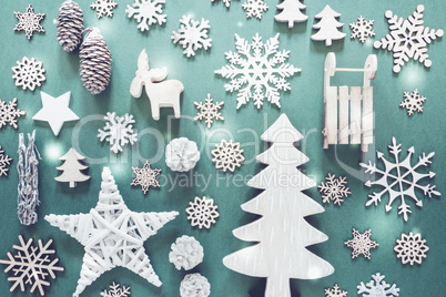 Flat Lay With Wooden Christmas Decoration Like Snowflakes, Lights