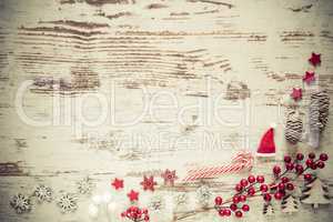 Retro Flat Lay, White Wooden Background, Christmas Decoration, Copy Space
