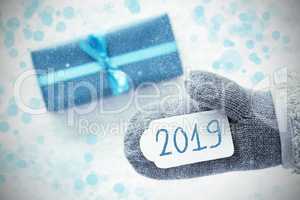 Turquoise Gift, Grey Fleece Glove, Text 2019, Snowflakes