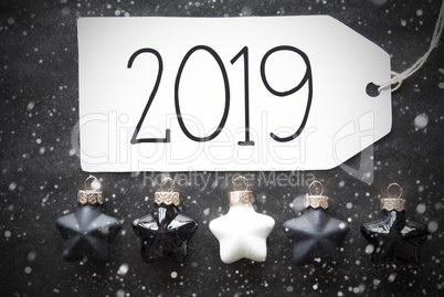 Black Christmas Balls, Snowflakes, Label With Text 2019