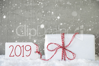 Gift, Cement Background With Snowflakes, Text 2019, Snow