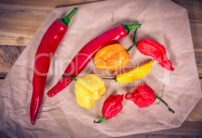 verschiedene scharfe Chilisorten auf einem Holzbrett Peperoni