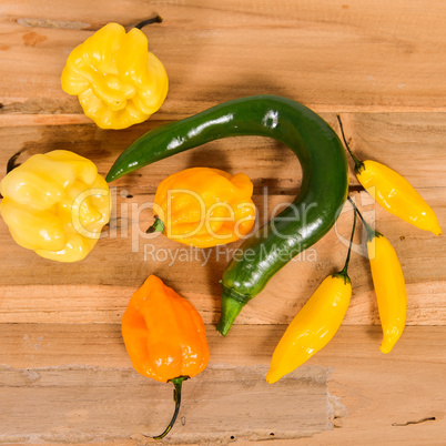 verschiedene scharfe Chilisorten auf einem Holzbrett Peperoni