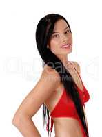 Close up of a woman in red lingerie and long black hair